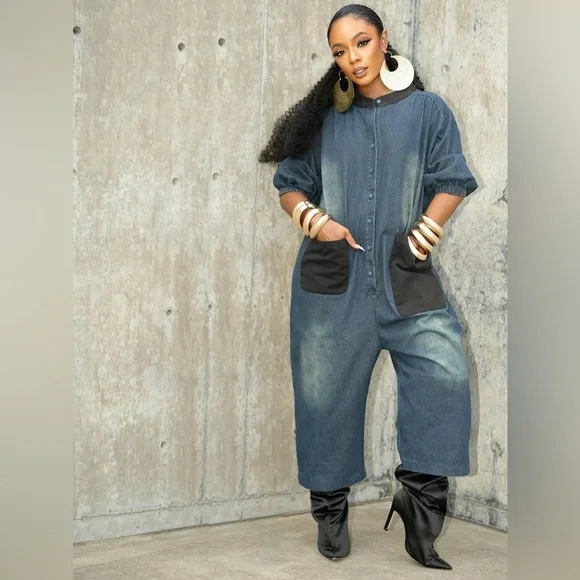 Oversized Denim Jumpsuit with Black Pockets
